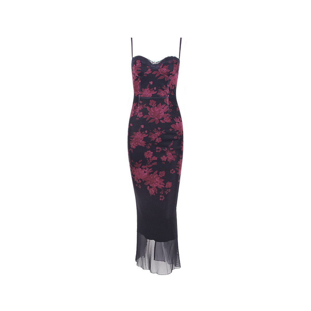 Printing Slip Slim Fit Backless Sheath Fishtail Dress Long Evening Dress
