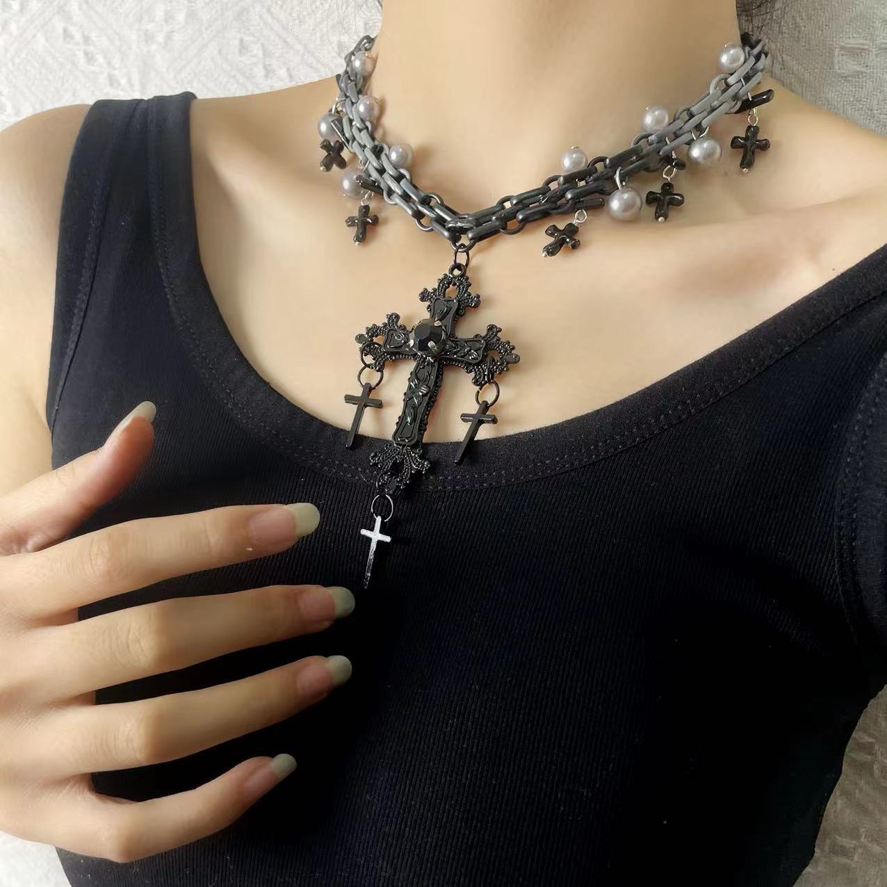 Gothic Sweet Punk Cross Tassel Pearl Hiphop Necklace