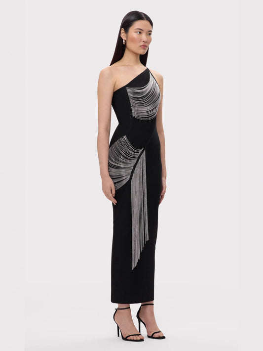 One-shoulder tassel high street party evening dress