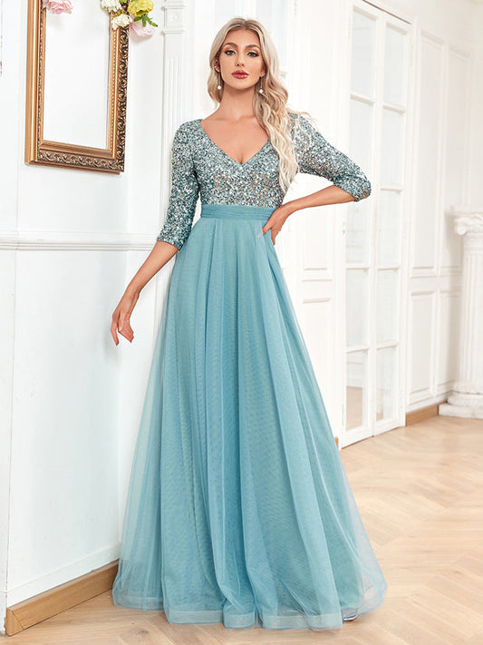V neck Short Sleeve Sequined Tulle A line Floor Elegant Prom Evening Party Dress