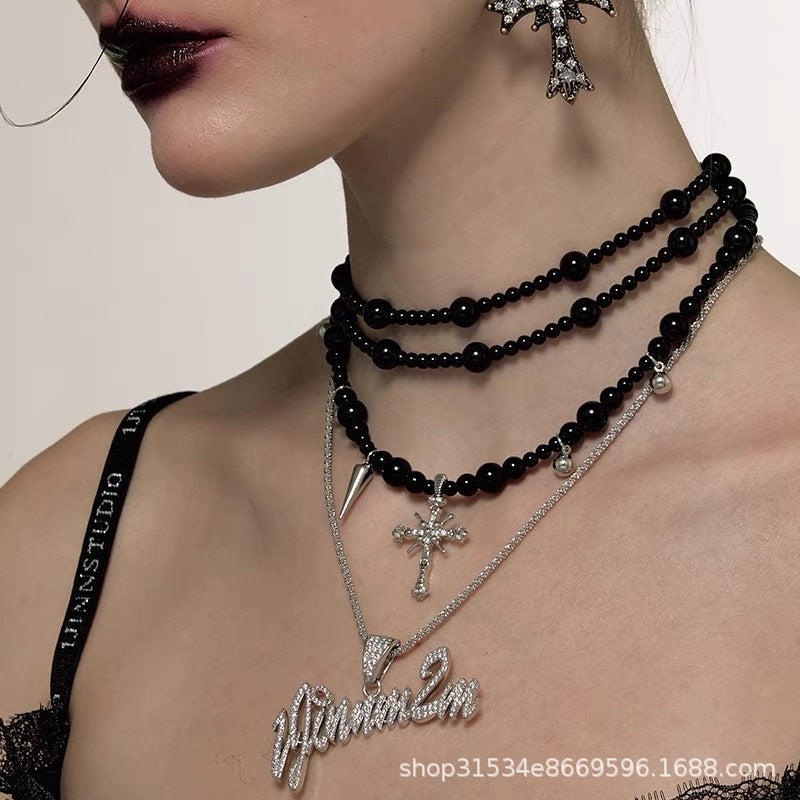 Dark Gothic Cross Beaded Multilayer Sweater Necklace