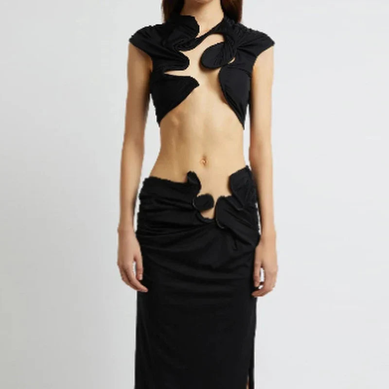 Chic Irregular Mini Tank Long Ruffles Solid Elastic Two Piece Skirt Set