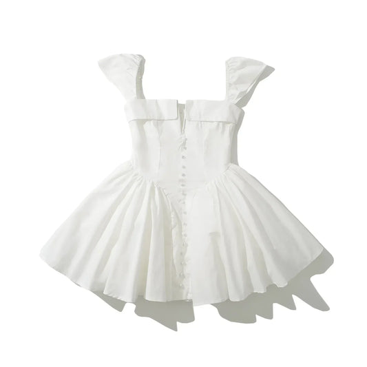 White Slit V Collar Short Sleeve Corset Style Mini Dress