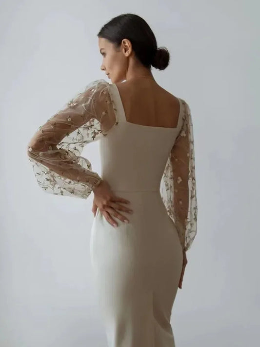Alfonsine Premium Evening and Party Dress with Square Neckline and Long Sleeves Statement Occasion Edit