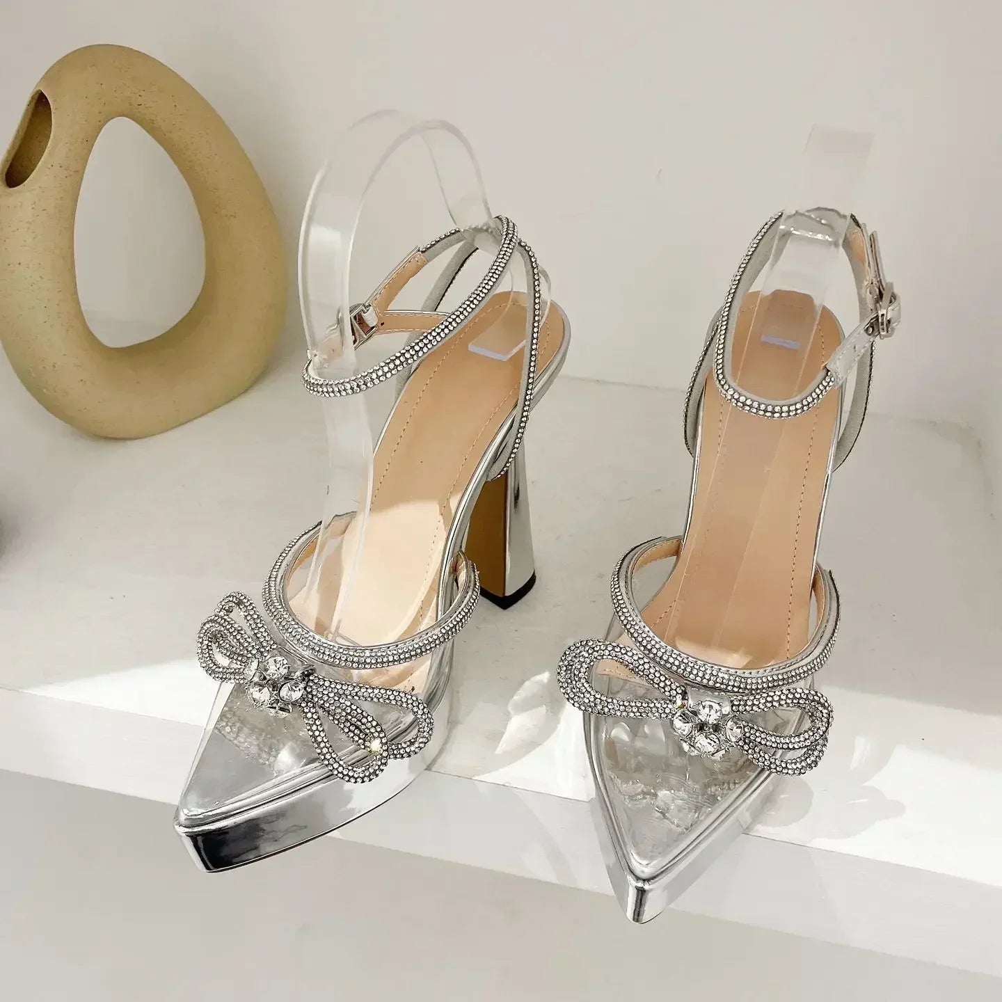 Elegant PVC Transparent Pointed Platform Women Rhinestone Butterflyknot High Heel