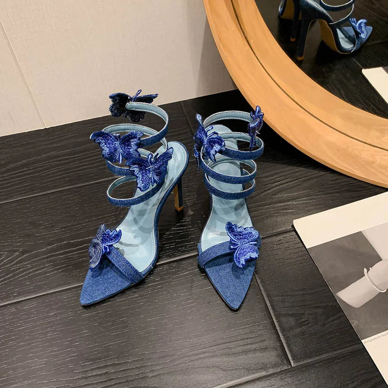 Denim Embroidery Butterflyknot Thin High Heel Pointed Toe Party High Heel