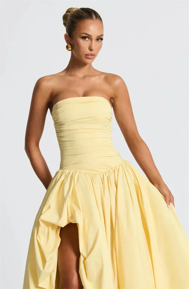 Strapless High Split Lace Up Back Maxi Dress