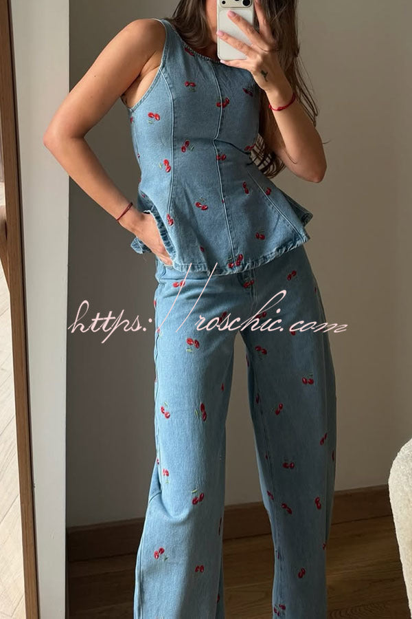 Sweet Casual Denim Cherry Print Princess Seams Flare Vest Top