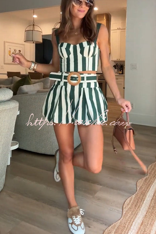 Claudine Striped Heart-shaped Smocked Tank and Raffia Buckle Belted Pocket Bubble Shorts Set