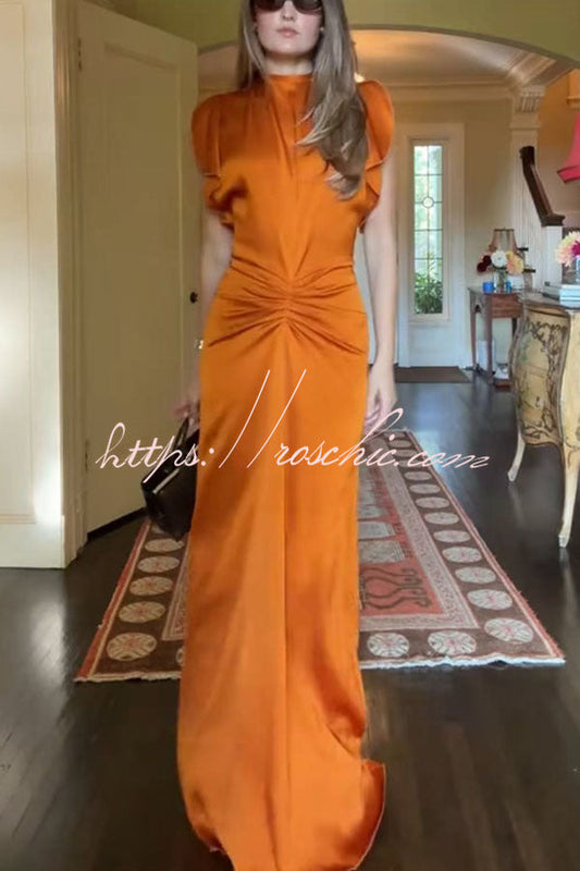 Isabella Satin Short Sleeve Ruched Waist V-shape Back Gown Maxi Dress