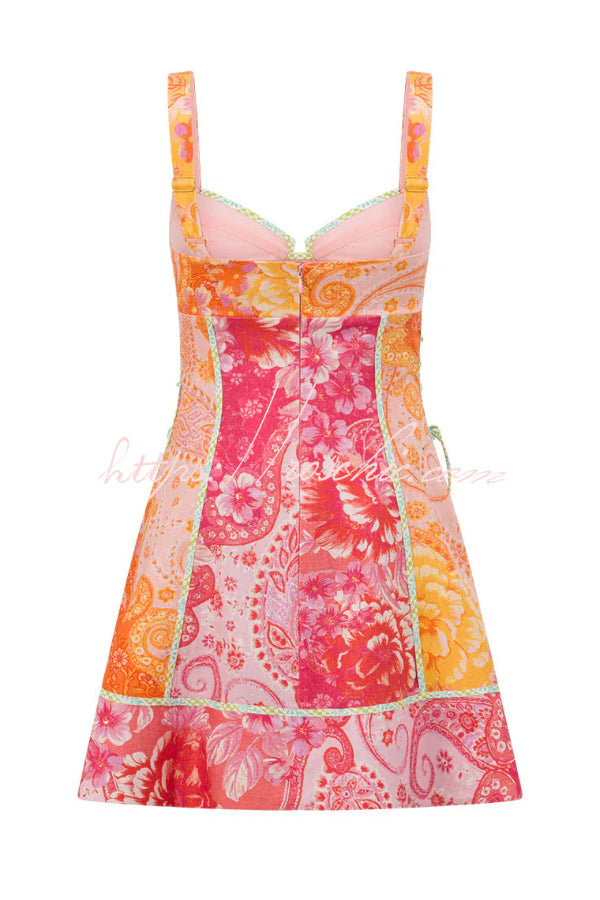Sweet Floral Print Square Neck Suspender Slim-fit Mini Dress