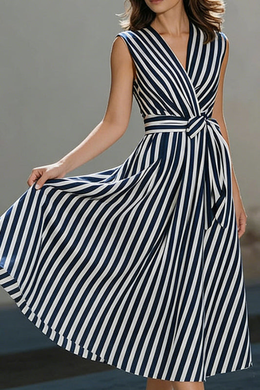 Striped Printed V-neck Sleeveless Belted Casual Midi Dress