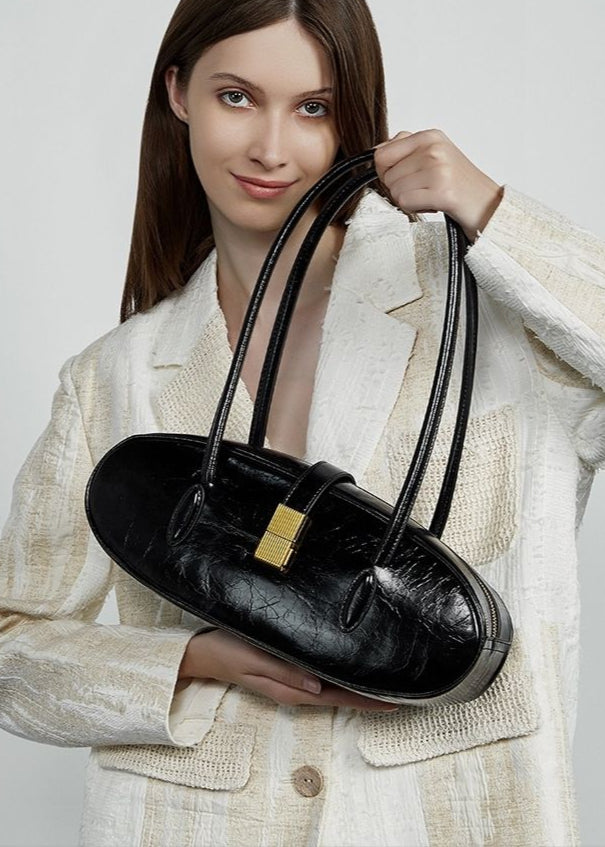 Oval Patent Leather Top Handle Bag – Chic Structured Handbag for Women