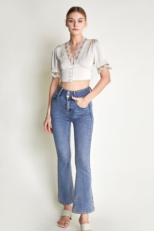 Ivory Satin Scallop Lace Puff Sleeve Crop Top