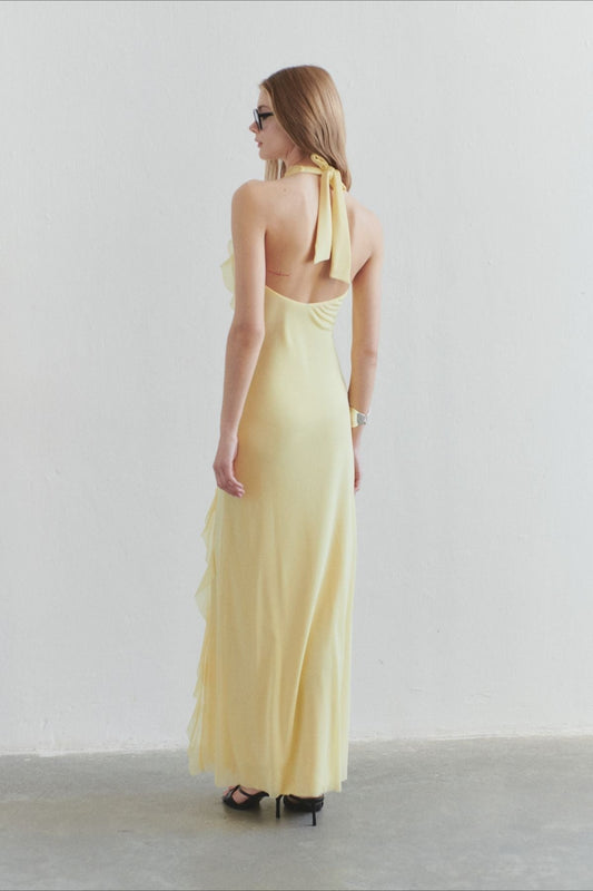 Solid Halter Deep V Back Lace Detail Long Prom Dress