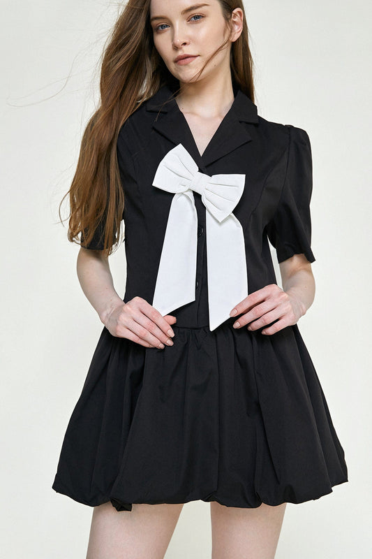 Black Bowknot Decor Balloon-Skirt Mini Dress