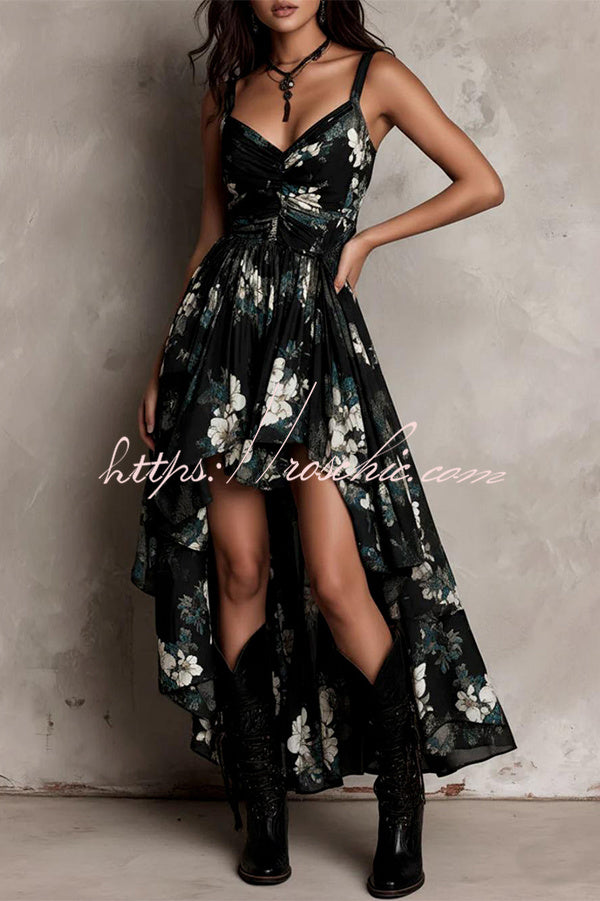 Midnight Wildflower High-Low Ruffle Floral Dress