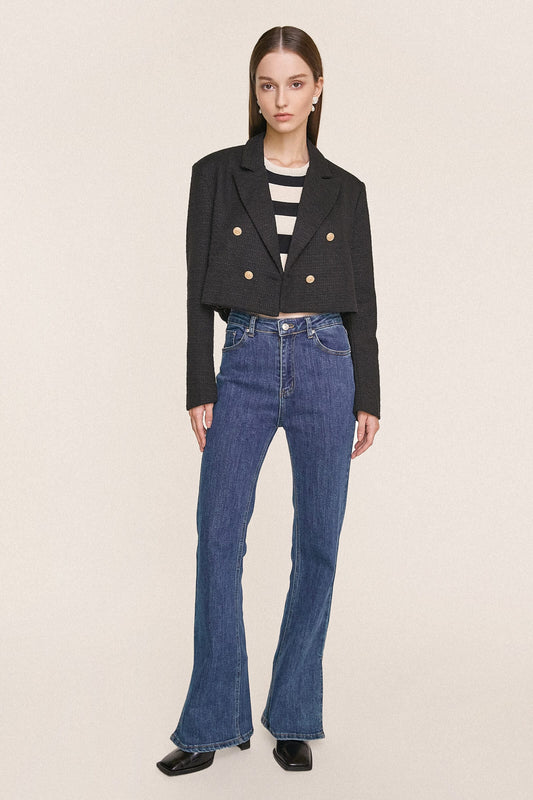 Black Textured Double-Breasted Cropped Tweed Blazer