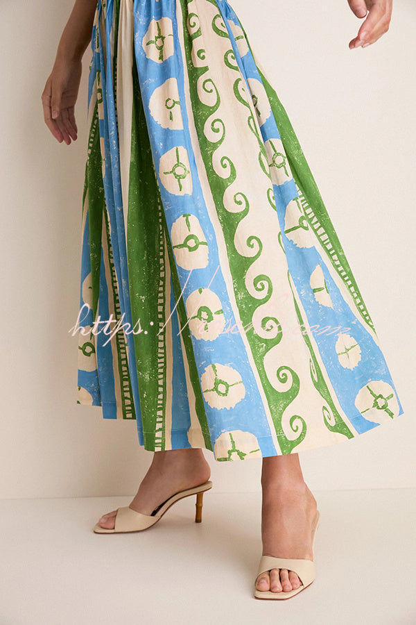 Breezy Linen Blend Fresco-inspired Print Square Neck Drop Waist Midi Dress