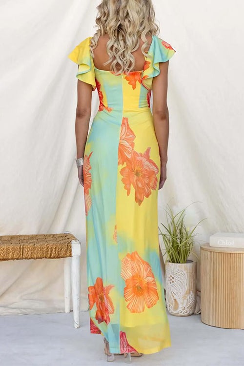 V Neck Ruffle Short Sleeves Floral Print Maxi Dress
