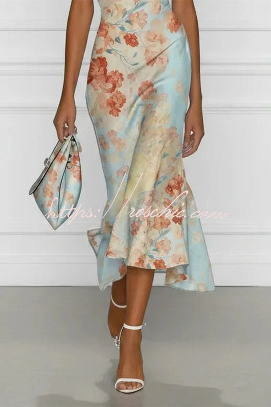 Floral Off-shoulder Sleeveless Fishtail Midi Dress