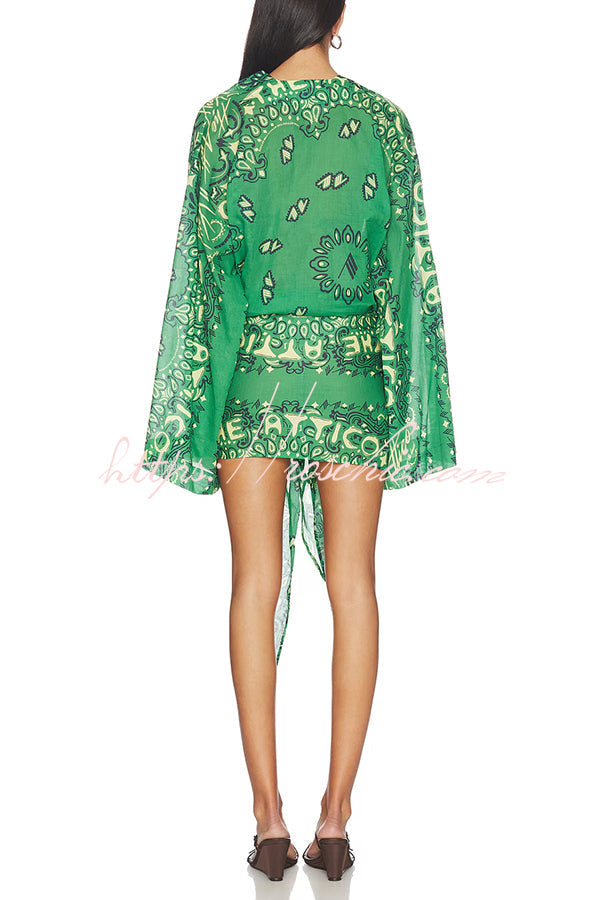 Sulena Linen Blend Ethnic Print Button Up Long Bell Sleeve Warp Tie-up Mini Dress