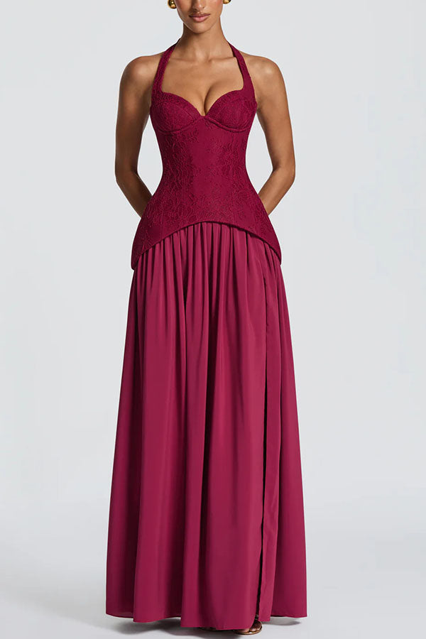 Almira Crepe and Lace Bodice Back Lace-up Chiffon Pleated Hem Maxi Dress