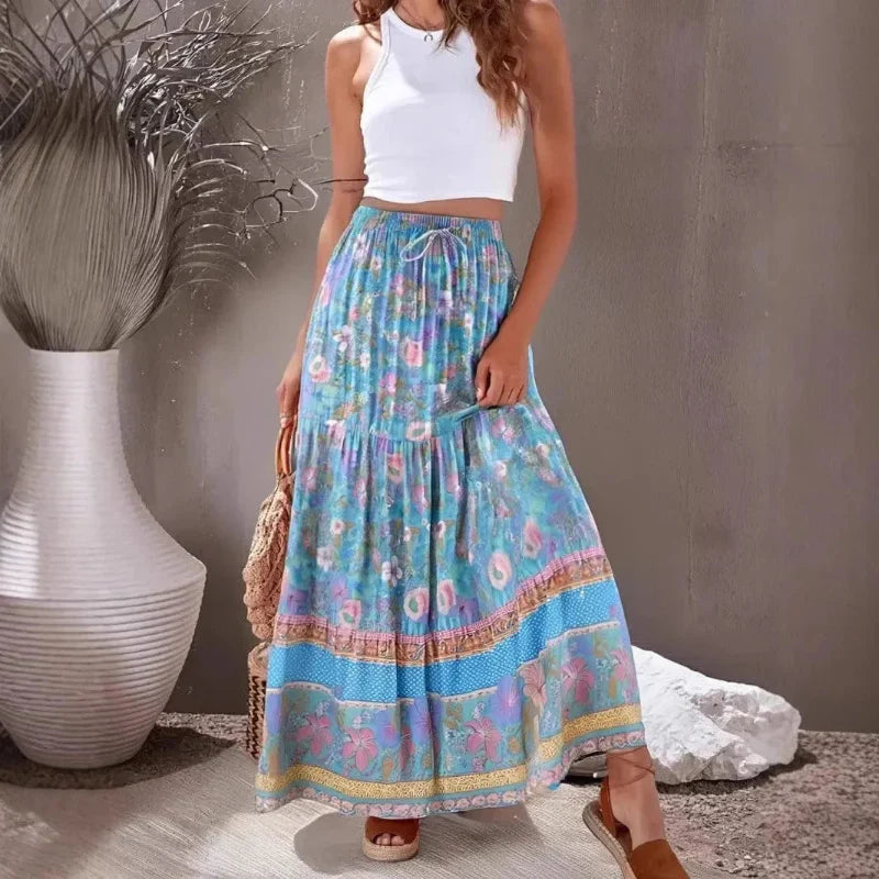 Boho Floral Ruffle Maxi Skirt