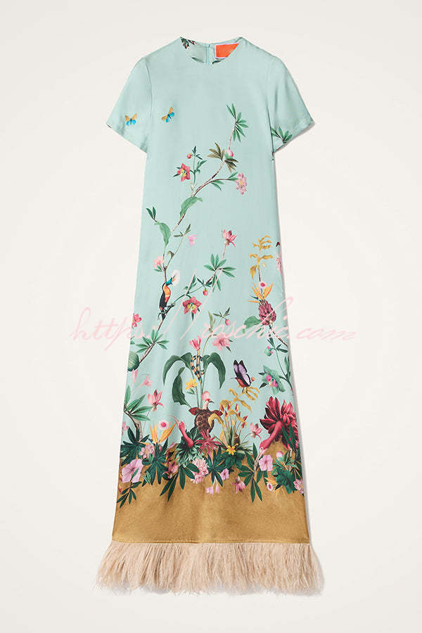 Mezcal Satin Floral Print Contrast Color Printed Short Sleeve Pocket Feather Trim Maxi Dress