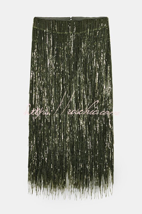 Stylish Sequined Tassel Elegant Midi Skirt