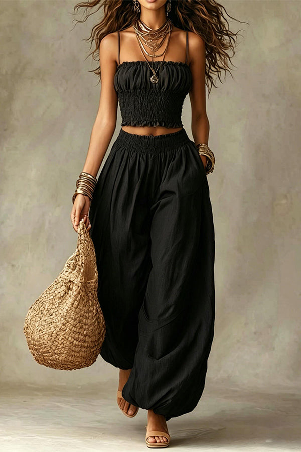 Olive Gypsy pleated crop top and high-waisted wide-leg pants set
