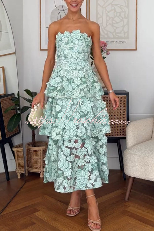 Cocktail Events 3D Embroidery Floral Detail Off Shoulder Tiered Hem Maxi Dress
