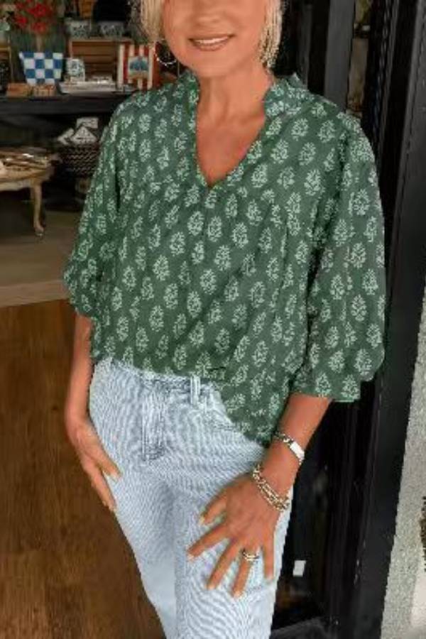 Vintage Floral Print V-Neck Puff Sleeve Casual Blouse