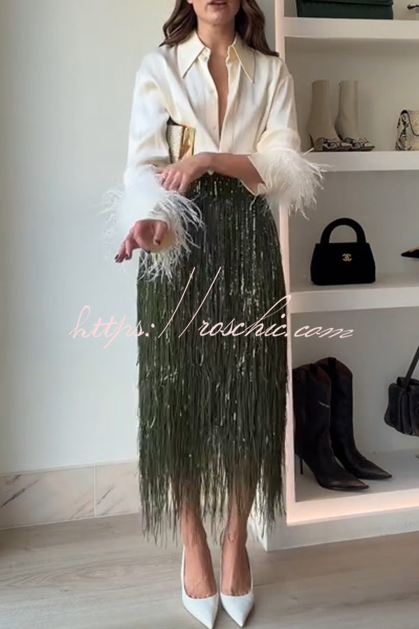 Party Crasher Feather Trim Long Sleeve Button Up Loose Blouse (Shipped Within 24 Hours)