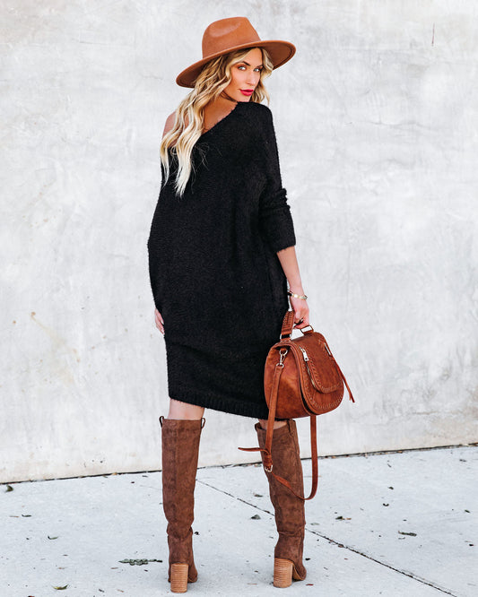 Cecelia Asymmetrical Knit Sweater Dress Black FINAL