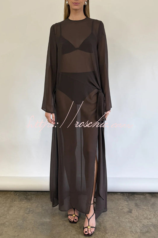 Fashionable Mesh See-through Round Neck Long Sleeve Tie Bow Slit Maxi Dress