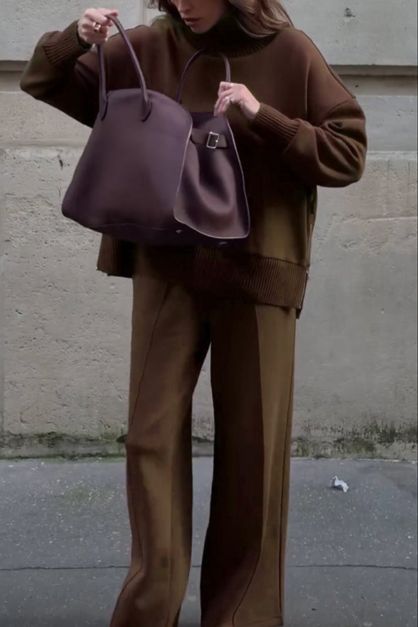 Double Soft Turtleneck Side Zipper Sweatshirt and Elastic Waist Pocketed Loose Pants Set (Shipped Within 24 Hours)
