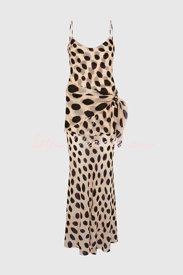 Ozias Leopard Polka Dot Pattern Scoop Neck Removable Scarf Detail Slip Maxi Dress