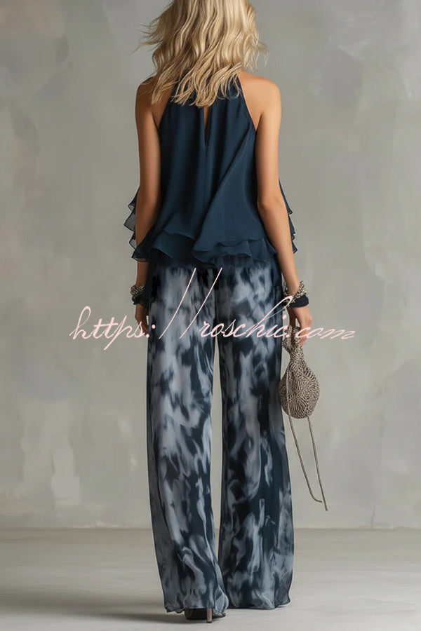 Navy Blue Camisole and Printed Wide-leg Chiffon Suit