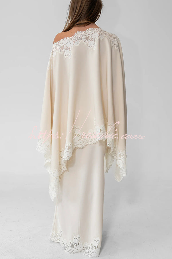 Like A Swan Satin Lace Trim High Rise Elastic Waist Drape Maxi Skirt