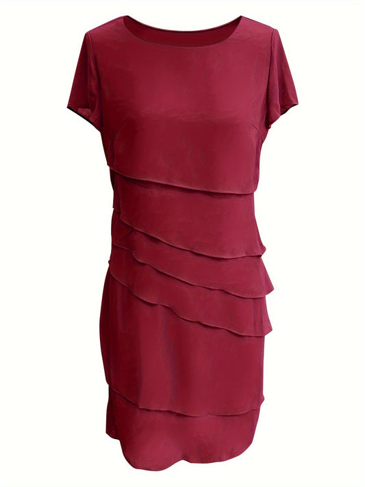 Cecilia Boutique Cotton Layered Trim Round Neck Short Sleeve Evening Dress for Women Chic Silhouette Collection