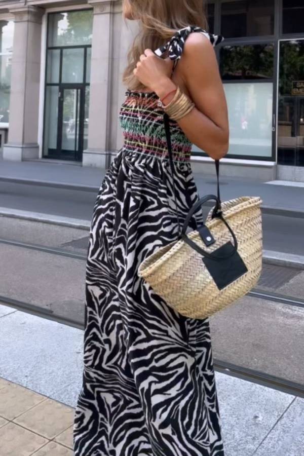 Zebra Print Contrast Ethnic Smocked Waist Cami Maxi Dress