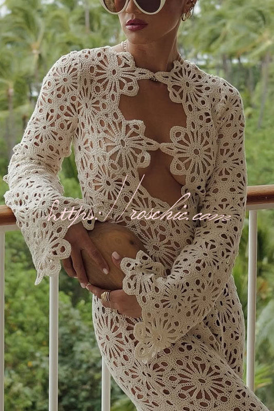 Easy Resort Knit Crochet Cutout Long Sleeve Reversible Vacation Maxi Dress