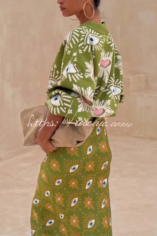 Mysterious Magic Knit Eye Heart Pattern Button Up Long Sleeve Loose Cardigan
