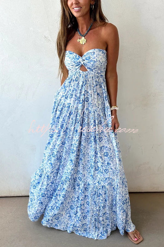 Floral Print Sleeveless Off-shoulder Cutout Resort Style Maxi Dress