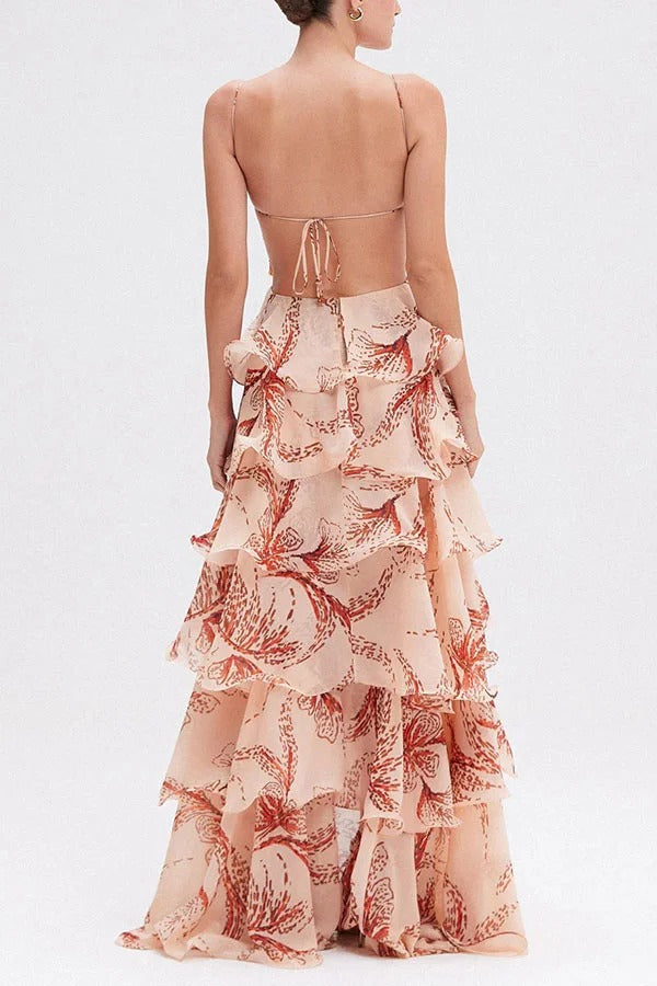 Ariae Butterfly Print Multi-layered Ruffles Backless Tie-up Maxi Dress