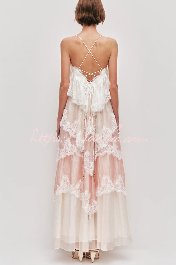 Caroline Gradient Layered Lace Trim Tiers Adjustable Straps Backless A-line Maxi Dress