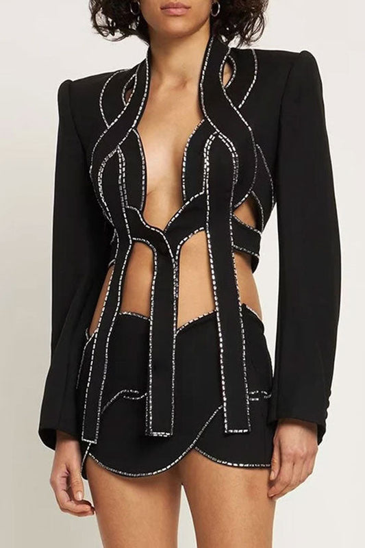 Punk Rhinestone Braided Rope Cutout Crop Blazer Two Piece Mini Dress - Black