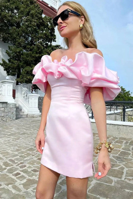Zari Satin Ruffles Off Shoulder Mini Dress - Pink