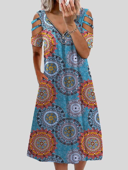 V neck Printed Zipper Short sleeved Dress
